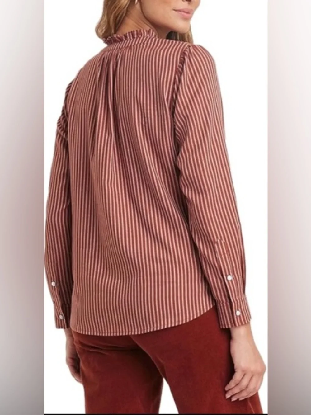 Knox Rose Striped Ruffle Neck Pearl Snap Button Blouse Size Medium